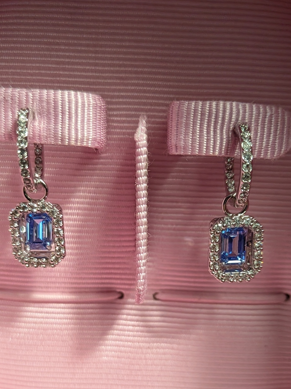 Swarovski Millenia Drop Hoop Earrings Blue Octagon Crystal Silver Tone Box